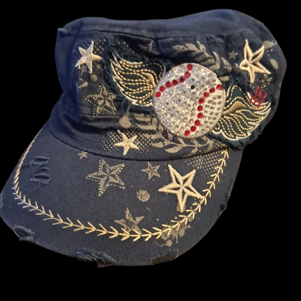 L.O.G.A Women's Blue Distressed Rhinestone Baseball/Softball  Mom Hat